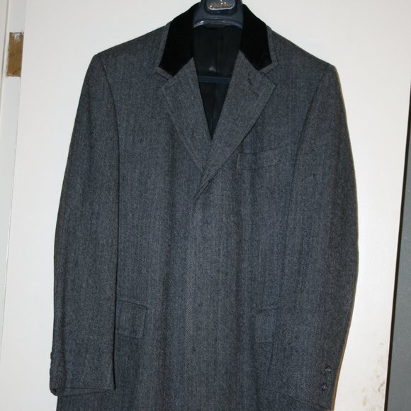 Vintage Wool Blazer Velvet collar Blac Herringbone - Picture 1 of 8